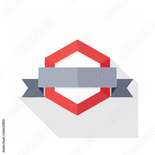 Red hexagonal badge with gray ribbon, flat design