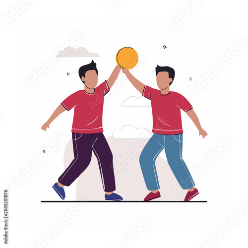 Two men playing with a ball in flat design style