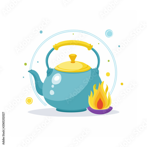 Blue kettle heating on a small fire