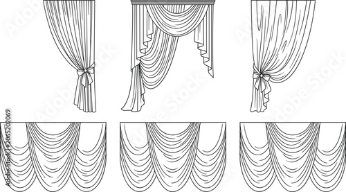 Photos Window Curtain and Valance Vector Line Art Set Featuring Luxury Drapes Swags and