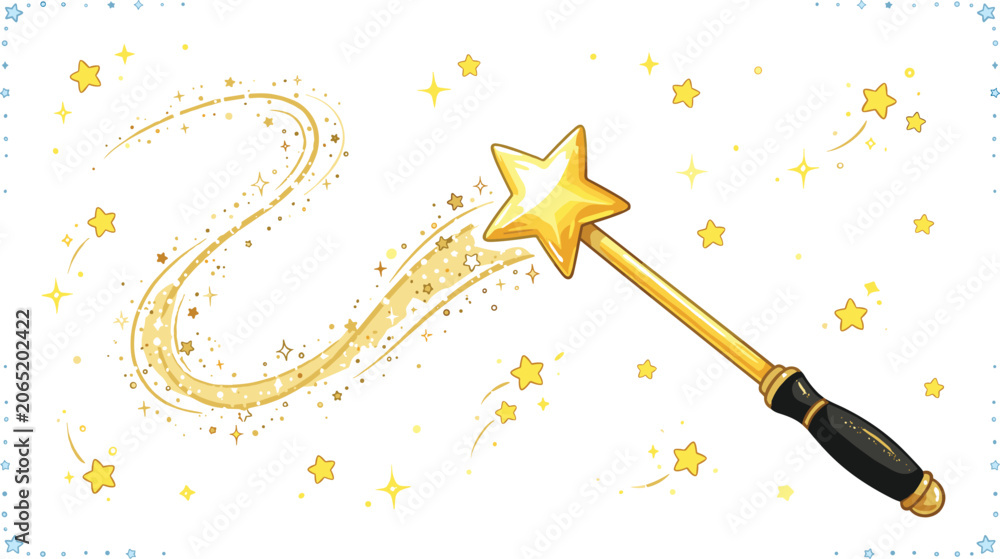 Naklejka premium Magic Wand Vector Illustration Featuring a Golden Star Wand Casting a Sparkling Dust Trail and Glowing Stars for Fairytale Graphic Designs