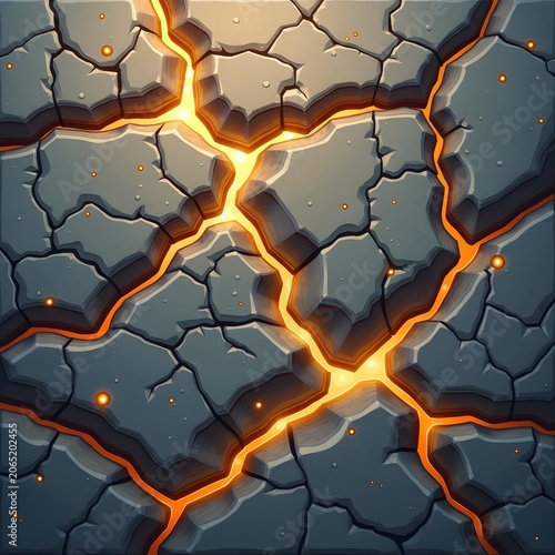 A cracked ground texture with glowing orange magma filling the deep splits. This abstract background is suitable for gaming websites, fantasy blogs, and volcanic hazard presentations.