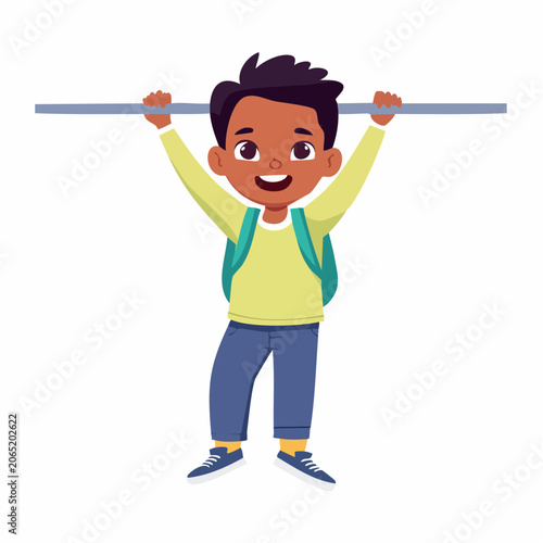 Happy Boy Hanging on a Bar with Backpack