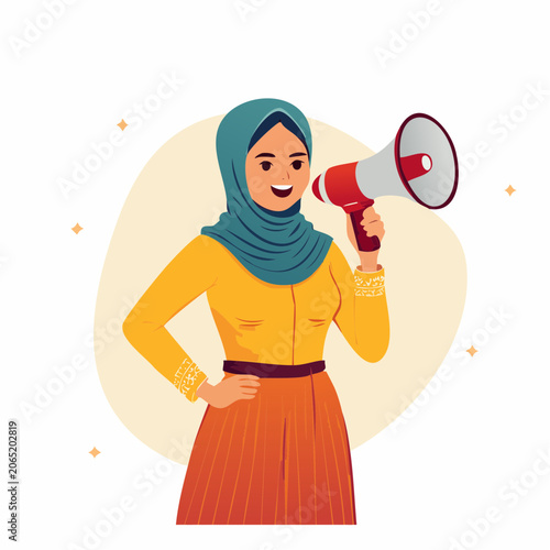 Woman in Hijab with Megaphone Announcing