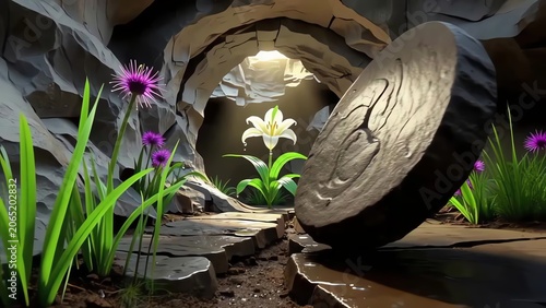 Stylized Cave Scene with Flowers and Light