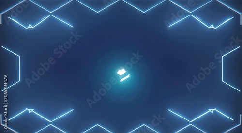 Futuristic Neon Center Emblem in Blue Tunnel