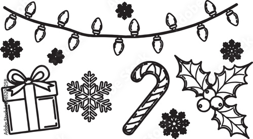Collection of christmas and winter holiday doodles including lights candy cane snowflake present holly with black and white design element line art light bulb christmas decoration