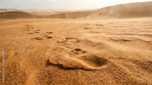 Sandy desert dunes under sky with horizon and natural arid landscape