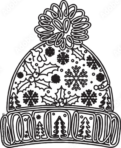 Winter beanie hat outline with pom-pom decorated with snowflakes holly and noel text festive holiday clothing graphic bobble hat christmas snowflake clothing accessory headwear