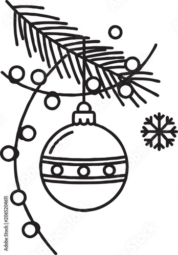Christmas tree ornament hanging on fir branch with string lights and snowflake black and white outline graphic line art snowflake decoration illustration clip art celebration