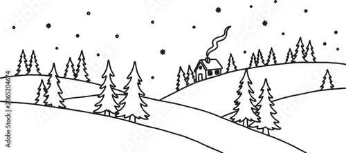 Simple line drawing of a tranquil winter landscape scene with a cozy house nestled among pine trees on snowy rolling hills, with snowflakes falling peacefully from the sky, falling snow