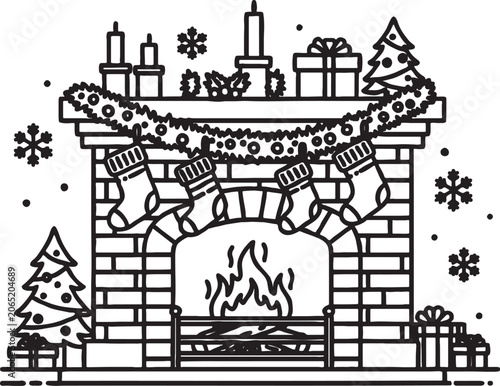 Cozy christmas brick fireplace with burning fire hung stockings festive garland candles gift boxes surrounded by snowflakes and small decorated trees christmas tree black and white