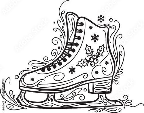 Decorative ice skate with snowflakes and holly leaves coloring page illustration line art black and white christmas snowflake swirling decoration activity footwear recreation