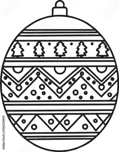 Christmas bauble ornament with geometric patterns and pine tree design coloring page line art black and white ornament christmas decoration geometric celebration activity education