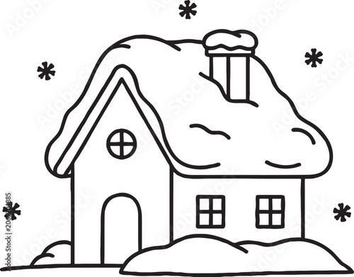 Cozy winter cottage house covered in snow with falling snowflakes coloring page line art black and white snowflake building architecture landscape christmas celebration minimalist
