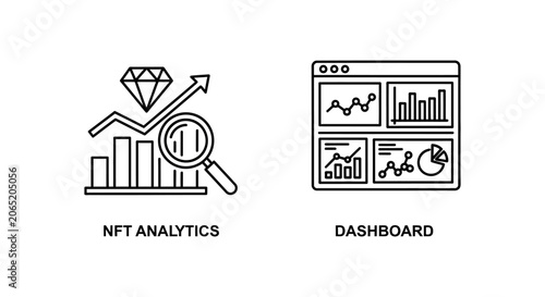 Nft analytics and data dashboard interface icon set with analytics dashboard business interface information magnifying software application technology analysis management planning