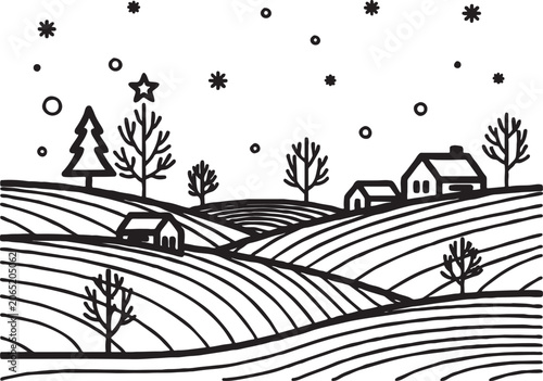 Winter landscape line art illustration featuring snowy rolling hills small houses and trees under a falling snow sky landscape countryside snowflake christmas illustration peaceful