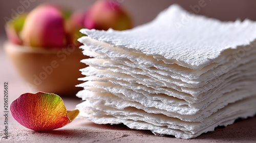 Close up stacked deckle edge handmade paper sheets with petal and fruit bowl for stationery background and rustic paper design