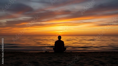 Meditative silhouette watches vibrant sunset over calm ocean on sandy beach.