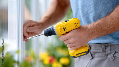 Man using cordless drill to tighten window frame screw for home repair and maintenance banner or tutorial background