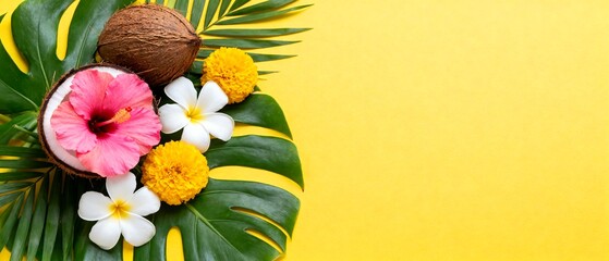 Tropical composition with coconut, monstera leaf, and colorful flowers on a yellow background.