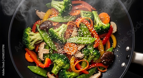 Colorful asian-style vegetable stir-fry in a wok, with sesame seeds and steam