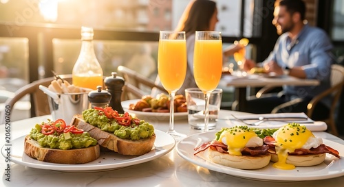 Colorful brunch scene with mimosas and breakfast dishes on a sunny outdoor table