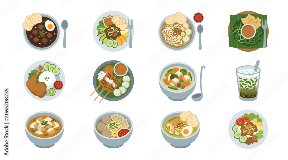 Fototapeta premium Collection of Indonesian pixel art food dishes, overhead view, diverse culinary selection, traditional cuisine elements, vibrant colors, playful design