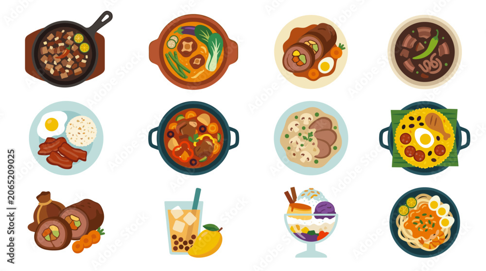 Obraz premium Pixel art collection of Filipino food dishes, including sisig, kare-kare, and halo-halo, vibrant flat design for culinary themes