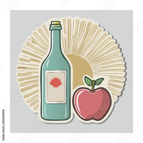Flat Design Illustration of Bottle and Apple with Sunburst