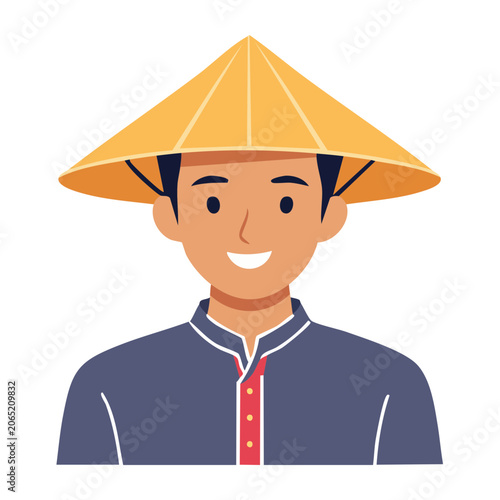 Smiling man wearing traditional conical hat illustration