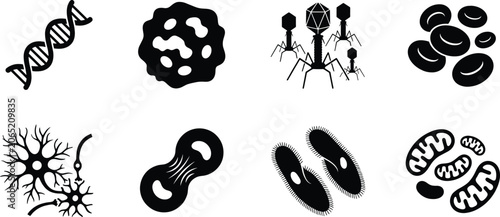 Photos Biology and microbiology science vector icon set featuring dna strand bacterioph