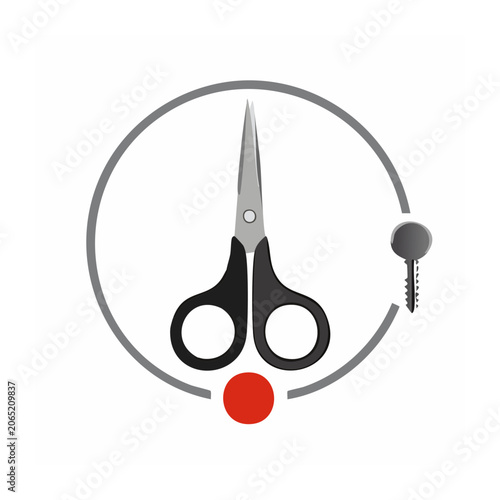 Scissors icon with key and button in circular frame