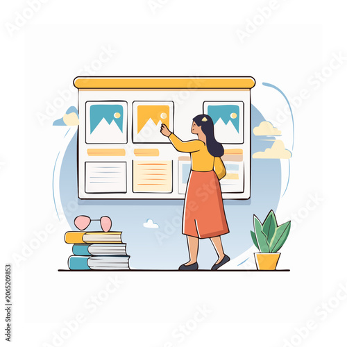 Woman planning on a presentation board with books and plant