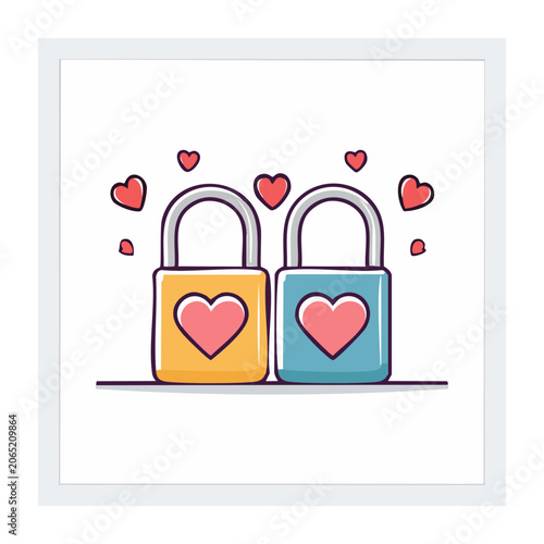 Two Love Padlocks with Hearts in Flat Design