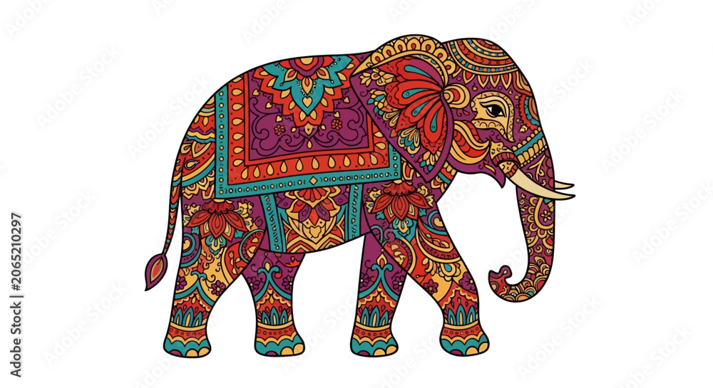 Obraz premium Colorful elephant with ornate decorations standing.