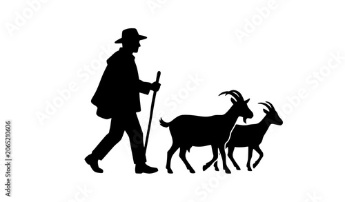 Obraz na plátně Shepherd Man with Walking Stick Herding Goats Silhouette Vector Graphic Concept