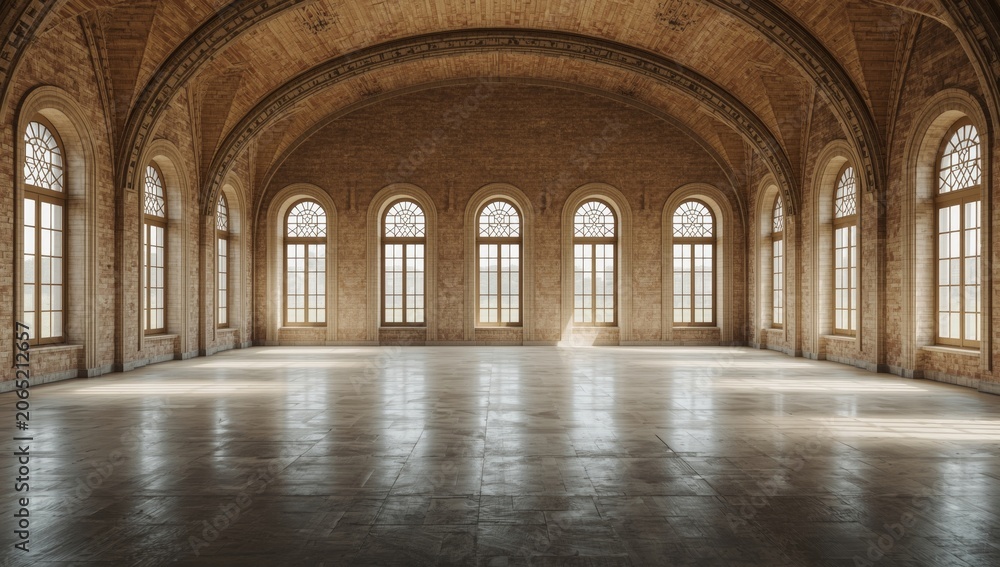 Fototapeta premium Spacious empty hall with large arched windows and brick walls