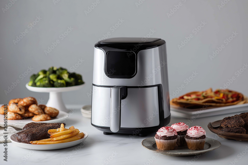 Fototapeta premium A sleek air fryer on a white marble countertop with fries, steak, cupcakes and vegetables. Kitchen appliance for everyday meals, party food and holiday dishes like Thanksgiving and Christmas.