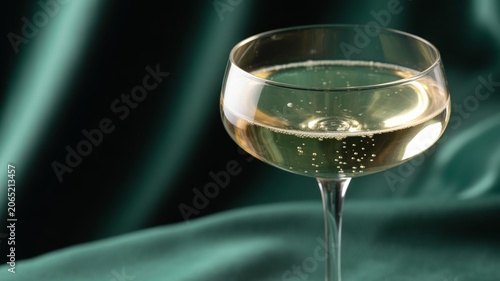 Elegant champagne coupe glass with sparkling wine on a dark green silk backdrop for luxury celebrations