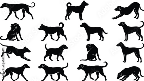 Foto Set of dog silhouettes in various poses and actions isolated on a white backgrou