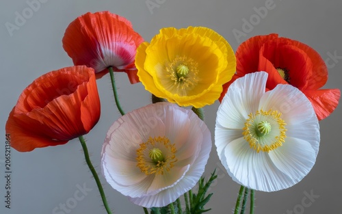 Colorful Poppy Flowers Bouquet with Red Yellow and White Blooms on a Neutral Grey Background