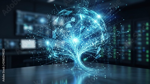 Abstract digital brain made of glowing blue particles and fiber optic lines representing artificial intelligence neural network