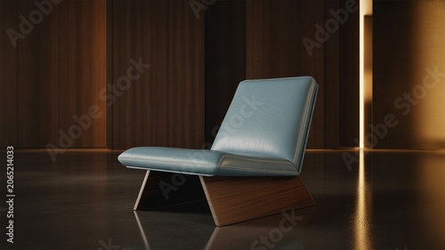 Minimalist Modern Blue Leather Lounge Chair with Sculptural Wooden Base in Sophisticated Interior Setting