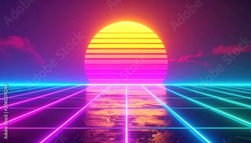 Neon sunset with grid lines landscape.