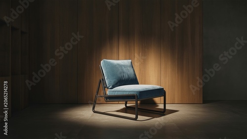 Modern Blue Fabric Armchair Centered in a Minimalist Interior with Warm Wood Paneling and Soft Ambient Lighting