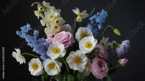 Elegant Still Life Floral Arrangement Featuring Delicate White Anemones Pink Ranunculus And Blue Delphinium Flowers Against A Dark Background