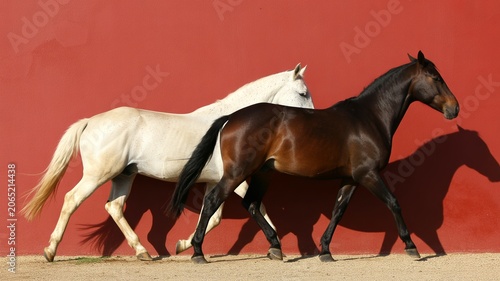 Two Elegant Horses, One White and One Brown, Walking Against a Vibrant Red Wall Background