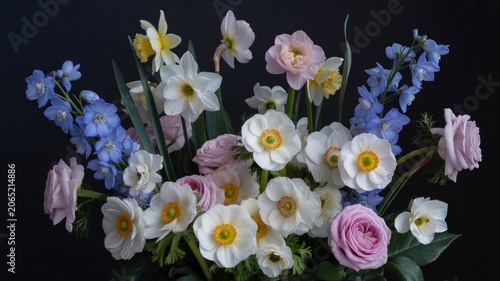 A Stunning Arrangement of Spring Flowers Featuring White Anemones Pink Roses and Blue Delphiniums Against a Dark Moody Background