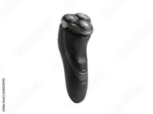 Black electric shaver on white background.